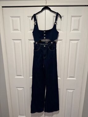 Fashion Nova Dark Blue Denim Cutout Overalls